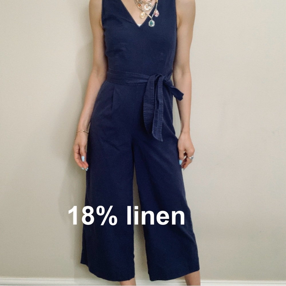 Navy V-Neck Linen Blend Sleeveless Jumpsuit
